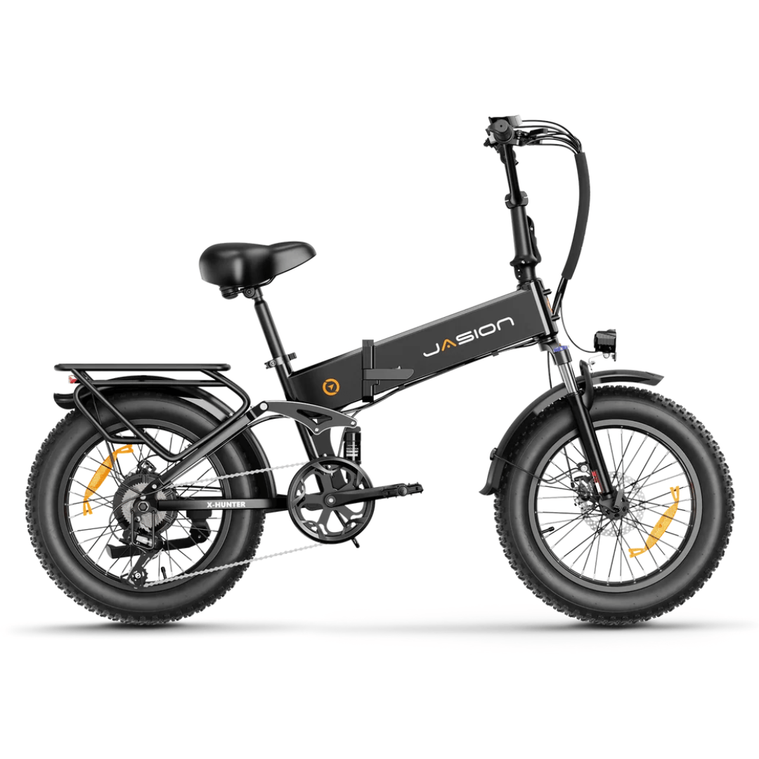 A black folding electric bike with fat tires, front and rear suspension, and a rear cargo rack. Brand name \“Jasion\“ displayed on the frame.
