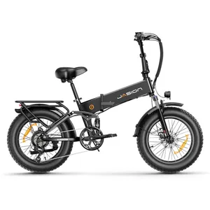 A black folding electric bike with fat tires, front and rear suspension, and a rear cargo rack. Brand name \“Jasion\“ displayed on the frame.