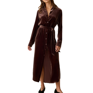 Brown stretch silk velvet midi dress with button-front closure, long sleeves, and a matching waist tie.