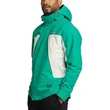 A man is wearing a green and white hooded jacket with a front zipper and pockets.