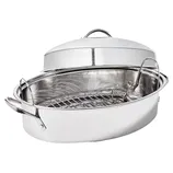 Stainless steel roasting pan with a removable rack and a lifted lid.
