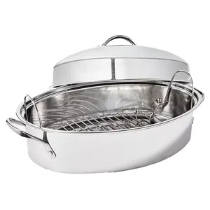Stainless steel roasting pan with a removable rack and a lifted lid.