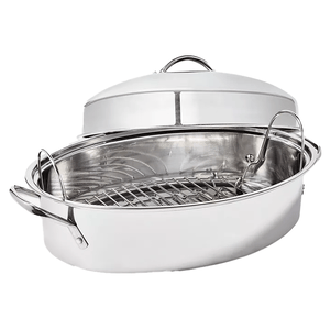Stainless steel roasting pan with a removable rack and a lifted lid.