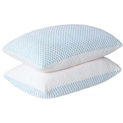 Two stacked pillows with a textured white and light blue checkered pattern.