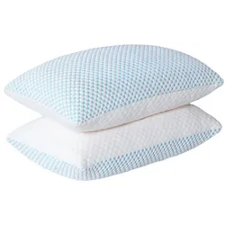 Two stacked pillows with a textured white and light blue checkered pattern.