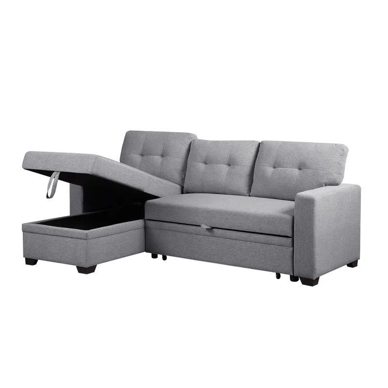 Gray convertible sectional sofa with tufted back cushions and armrests, featuring a pull-out bed and a chaise lounge with hidden storage.