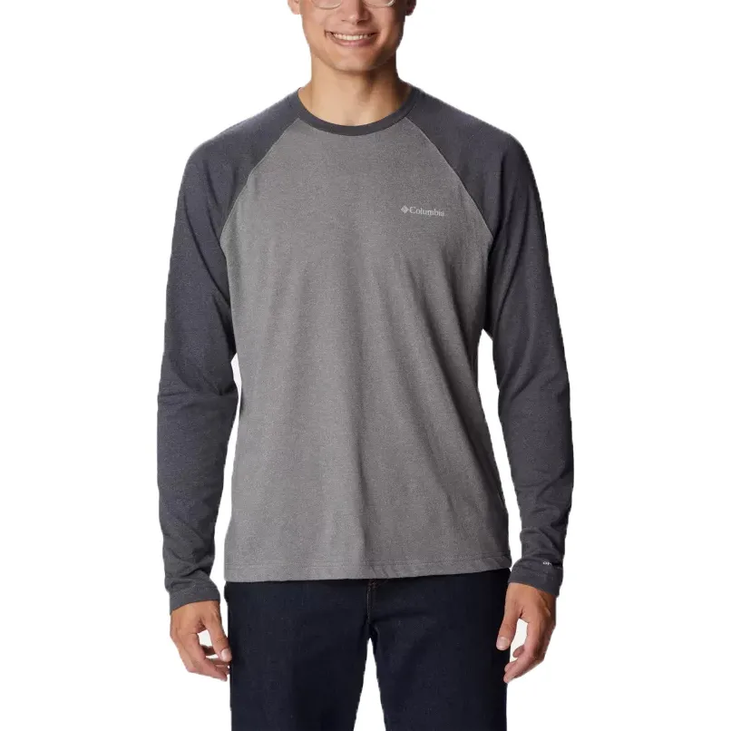 Columbia Men's Long-Sleeve Shirt features a two-tone grey design with raglan sleeves and a small logo on the chest, suitable for casual wear.