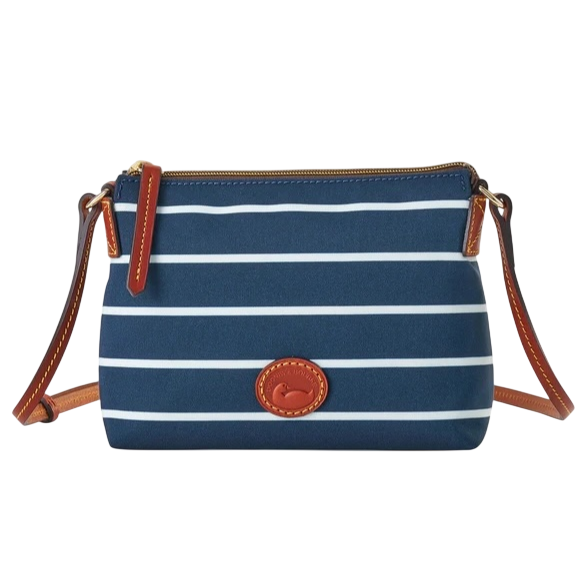 A small blue crossbody bag with white horizontal stripes, featuring brown leather accents and a zipper closure.