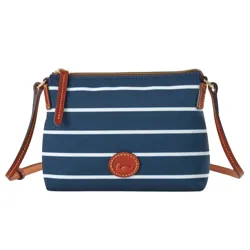 A small blue crossbody bag with white horizontal stripes, featuring brown leather accents and a zipper closure.
