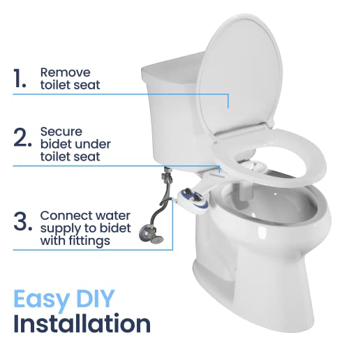 Diagram showing a three-step DIY installation for a bidet attachment: 1. Remove toilet seat. 2. Secure bidet under toilet seat. 3. Connect water supply using fittings.