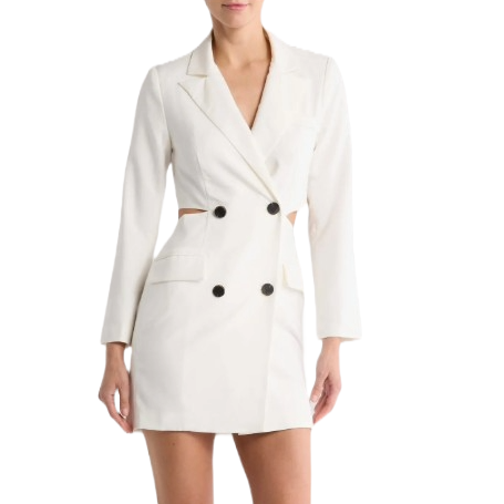 A white, double-breasted blazer dress with long sleeves and black buttons. It features side cutouts and is styled with a slim, tailored fit.