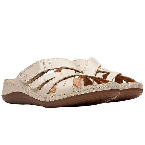 Beige open-toe sandals with wide straps and a Velcro closure, featuring a brown sole designed for comfort and casual wear.