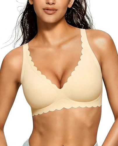 A beige bra with scalloped edges and wide straps, offering a seamless design and light support.