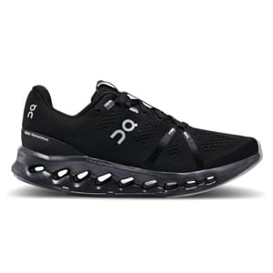 Black athletic shoe with a distinctive cut-out sole design and minimalist branding details.