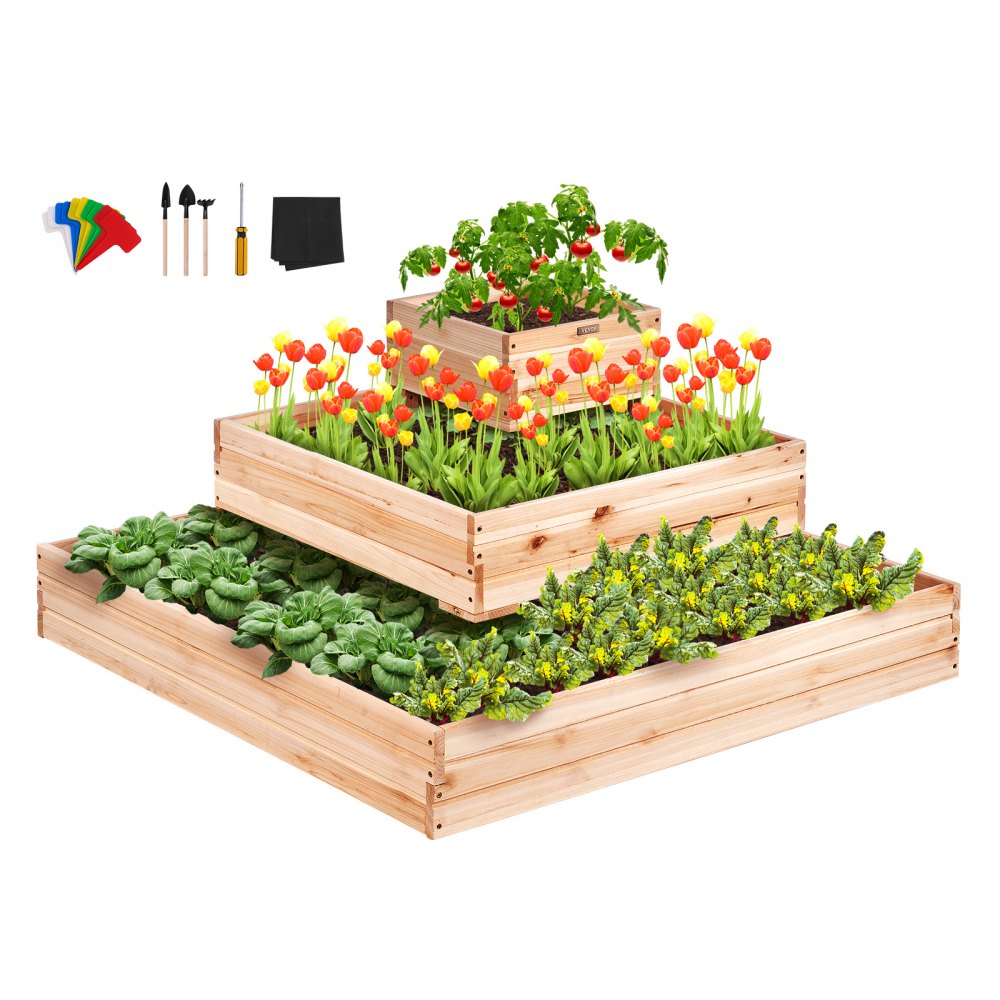 VEVOR Wooden 3-Tier Planter Bed features a tiered design with three wooden boxes for planting vegetables and flowers, and includes gardening tools, colorful plant labels, and a liner for planting.