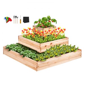 VEVOR Wooden 3-Tier Planter Bed features a tiered design with three wooden boxes for planting vegetables and flowers, and includes gardening tools, colorful plant labels, and a liner for planting.