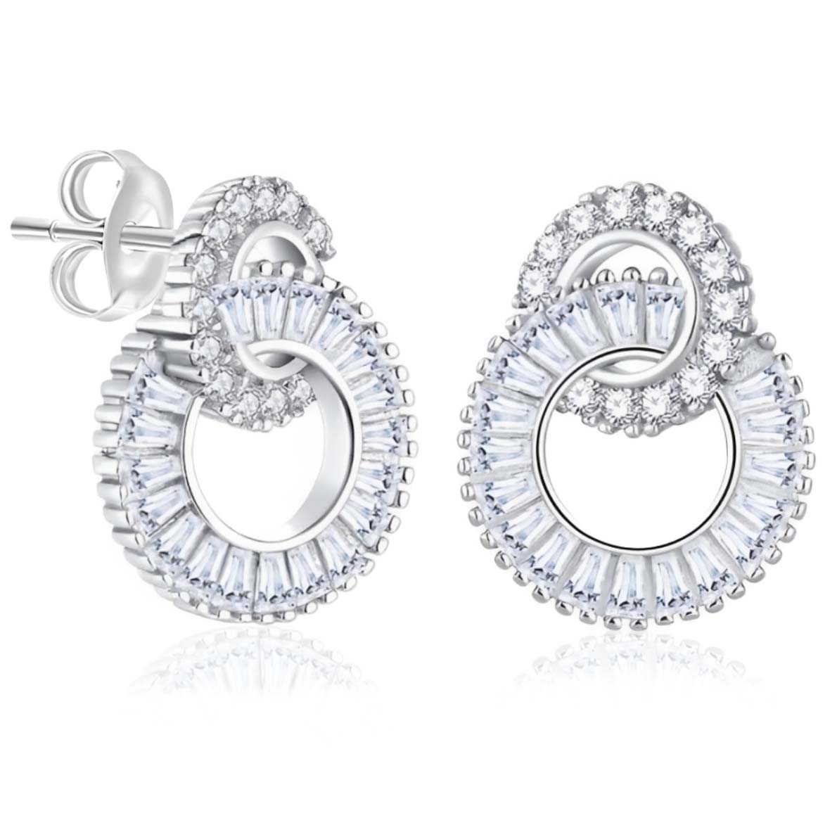 Sterling silver earrings featuring intertwined circle designs, adorned with baguette and round-cut clear stones, creating a sparkling, elegant look.