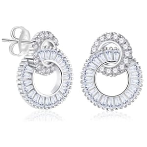 Sterling silver earrings featuring intertwined circle designs, adorned with baguette and round-cut clear stones, creating a sparkling, elegant look.