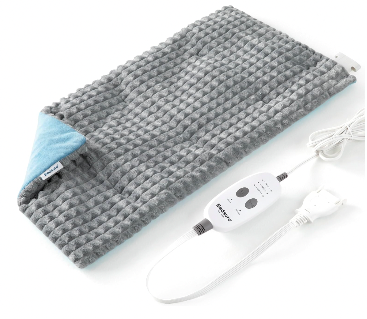 A gray, textured massaging heating pad with a blue underside and a controller featuring adjustable settings, connected by a white power cord.
