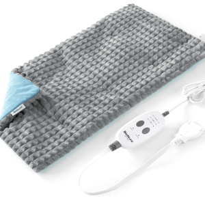 A gray, textured massaging heating pad with a blue underside and a controller featuring adjustable settings, connected by a white power cord.