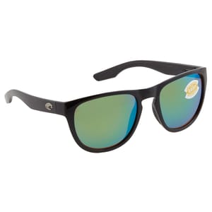 Costa Del Mar sunglasses feature a black frame with green mirrored lenses, offering polarized protection. The temple bears a distinctive logo, and the lenses have a 580P sticker indicating high-quality polarized polycarbonate.