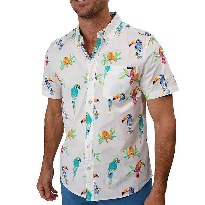 A men's short-sleeve button-up shirt featuring a colorful parrot and foliage print on a white background.