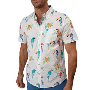 A men's short-sleeve button-up shirt featuring a colorful parrot and foliage print on a white background.