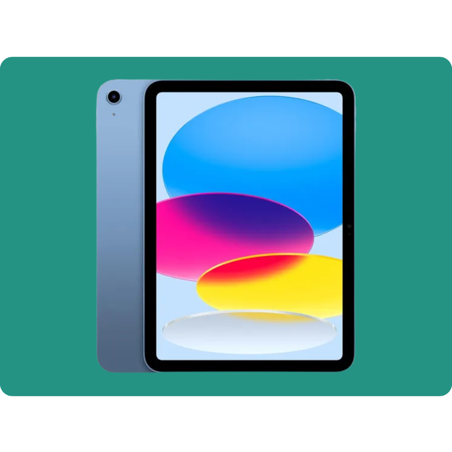 A tablet with a thin bezel design, blue color, and a display showing colorful abstract shapes.