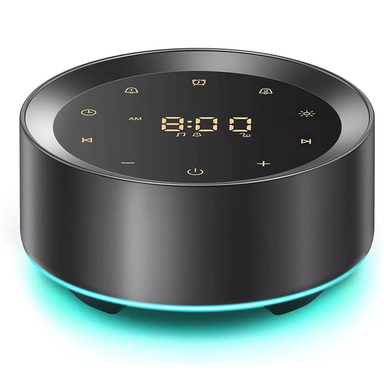 A round sleek digital alarm clock with a touch-sensitive top display showing time and icons for settings, and an ambient blue light at the base.