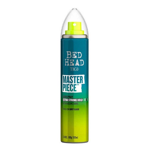 Bed Head by TIGI Masterpiece Hairspray, 2.4 oz (80 ml), offers extra strong hold with a glossy shine, suitable for dry hair.