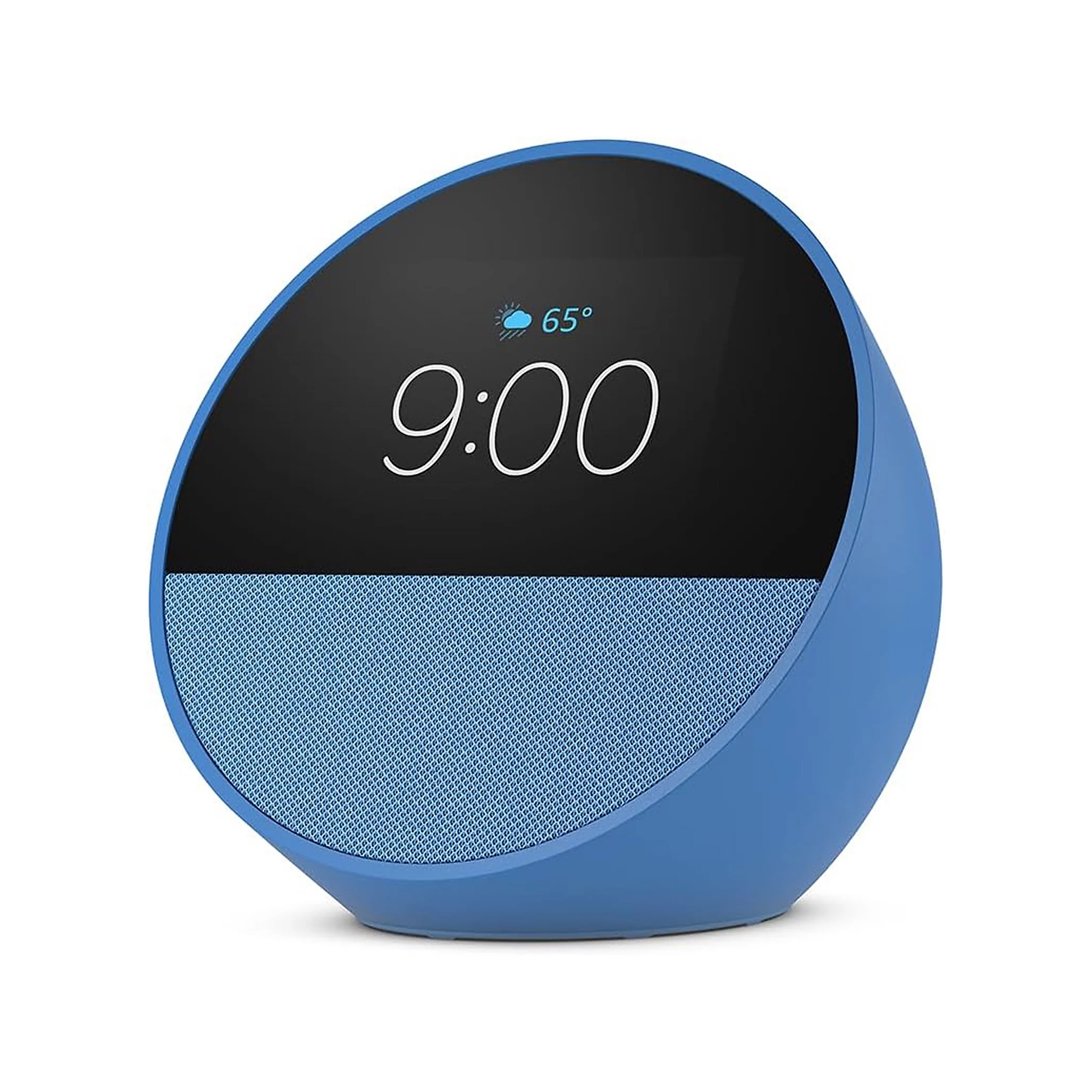 Blue Echo Spot smart alarm clock with a round design, featuring a digital display showing time and weather (65°F).