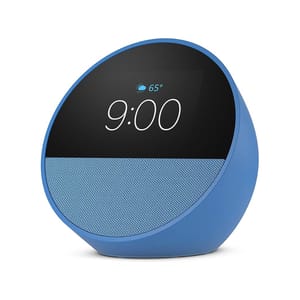 Blue Echo Spot smart alarm clock with a round design, featuring a digital display showing time and weather (65°F).