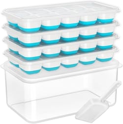 Stackable ice cube trays with lids, including a clear storage container and a scoop, designed for organizing and freezing in bulk.