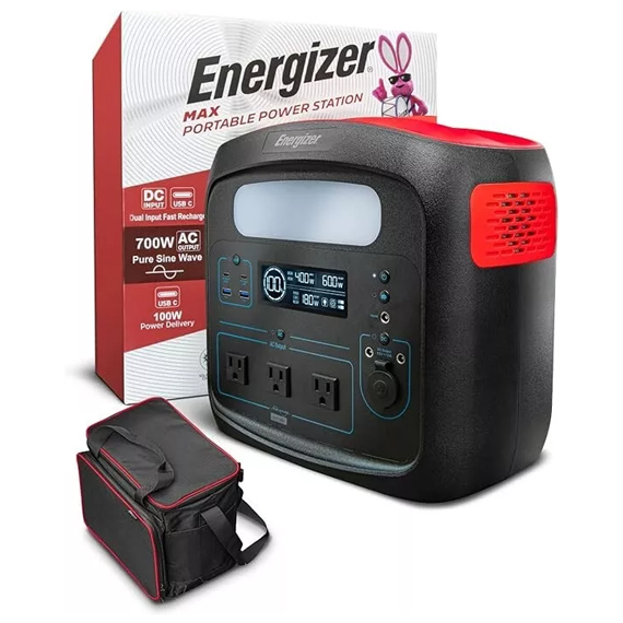 Energizer Max Portable Power Station with 700W AC output, pure sine wave technology, dual input fast recharge, USB-C 100W power delivery, and three AC outlets; includes a carrying bag and original packaging.