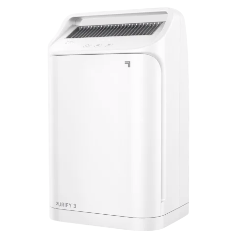 A white air purifier with a sleek design and digital controls, labeled \“PURIFY 3\“, featuring vents on the top front.