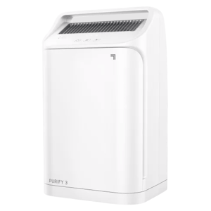A white air purifier with a sleek design and digital controls, labeled \“PURIFY 3\“, featuring vents on the top front.