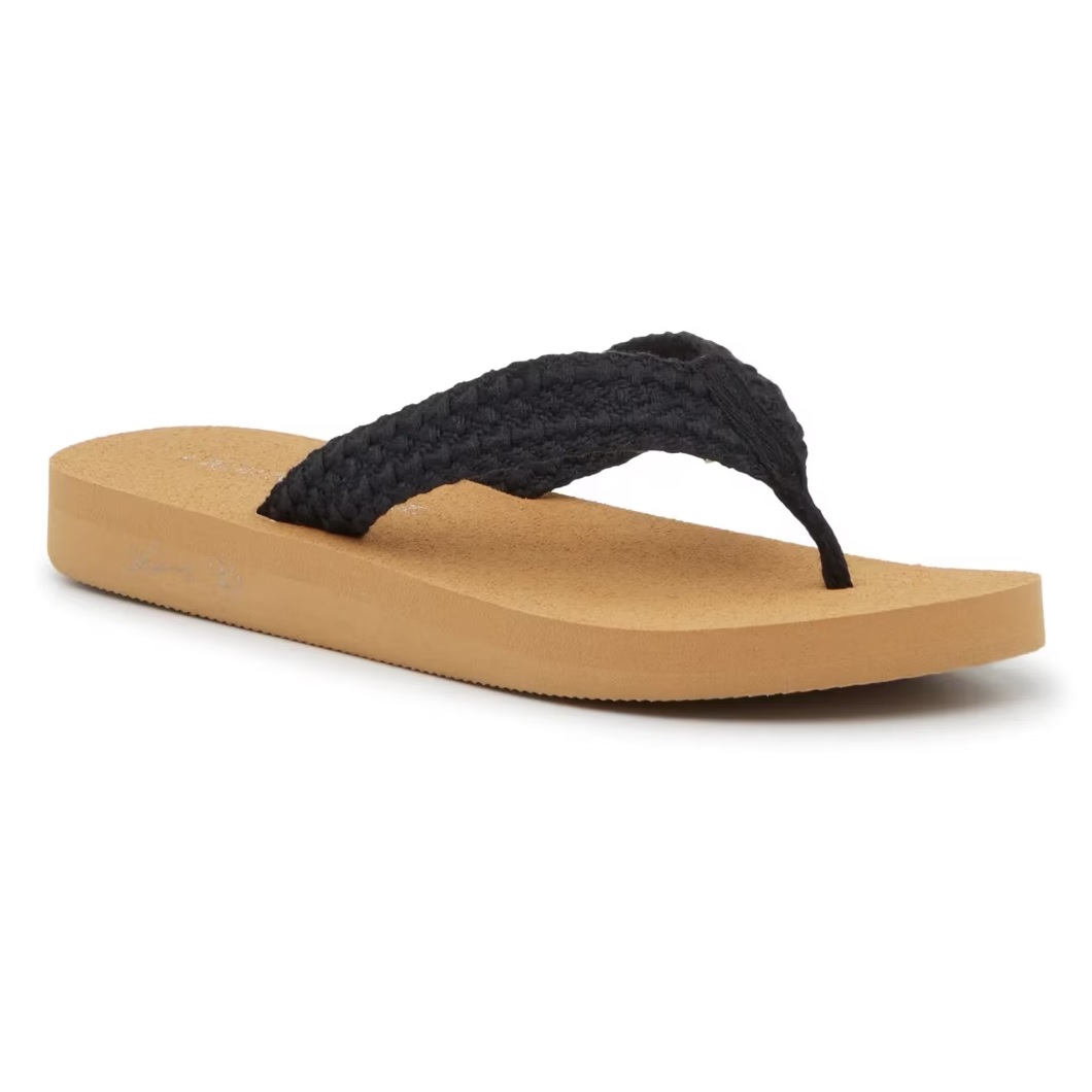 A flip-flop sandal with a tan sole and a black braided strap.