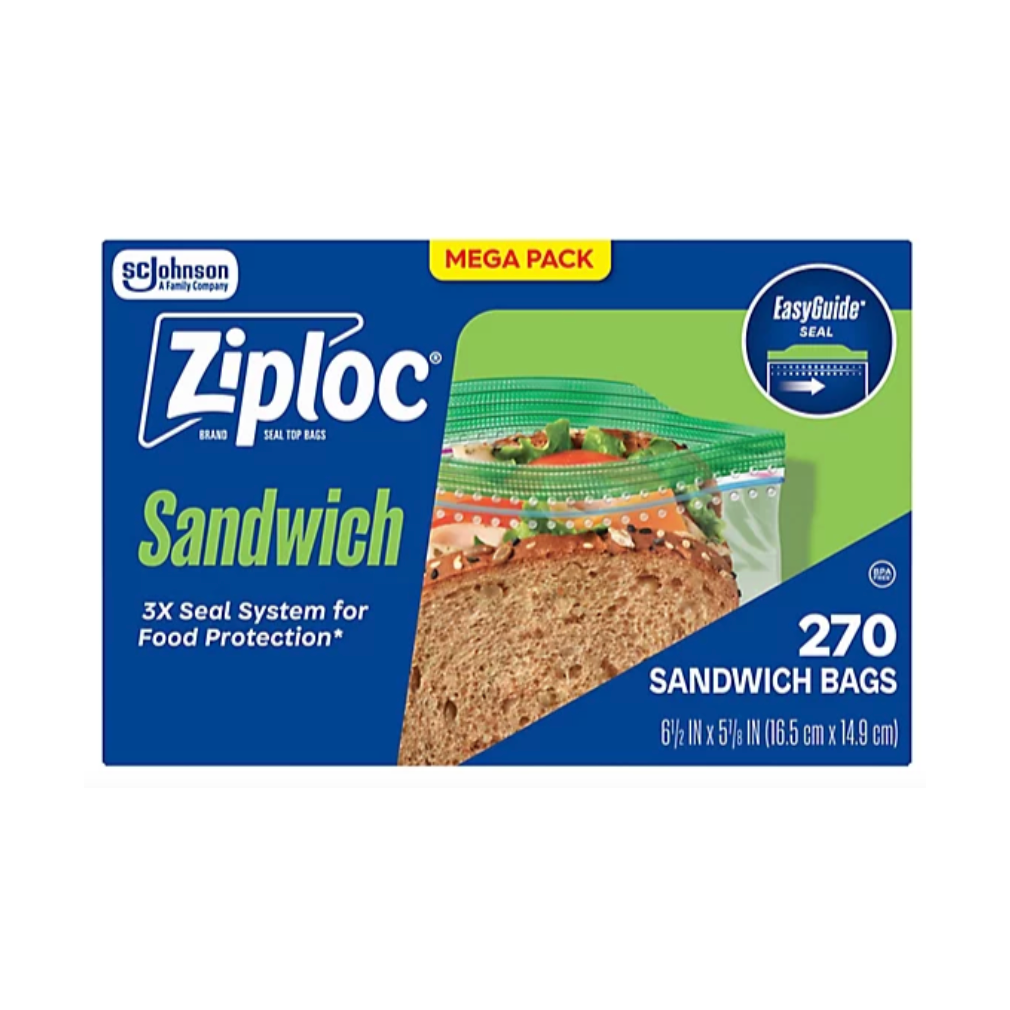 Ziploc Sandwich Bags, Mega Pack, 270 count, featuring a 3X seal system for food protection, dimensions: 6.5 x 5.8 inches.