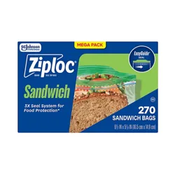 Ziploc Sandwich Bags, Mega Pack, 270 count, featuring a 3X seal system for food protection, dimensions: 6.5 x 5.8 inches.