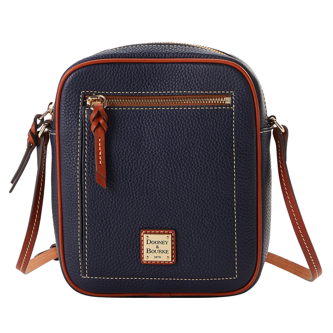 The Dooney Pebble Leather Crossbody is a compact, navy blue bag with contrast stitching and brown leather accents. It features a front zip pocket, adjustable strap, and a Dooney & Bourke logo patch on the front.