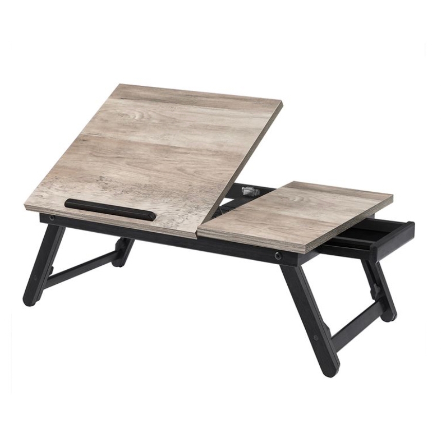 Foldable lap desk with adjustable tilted section, small fixed section, and a side drawer, featuring a wood finish and black legs.