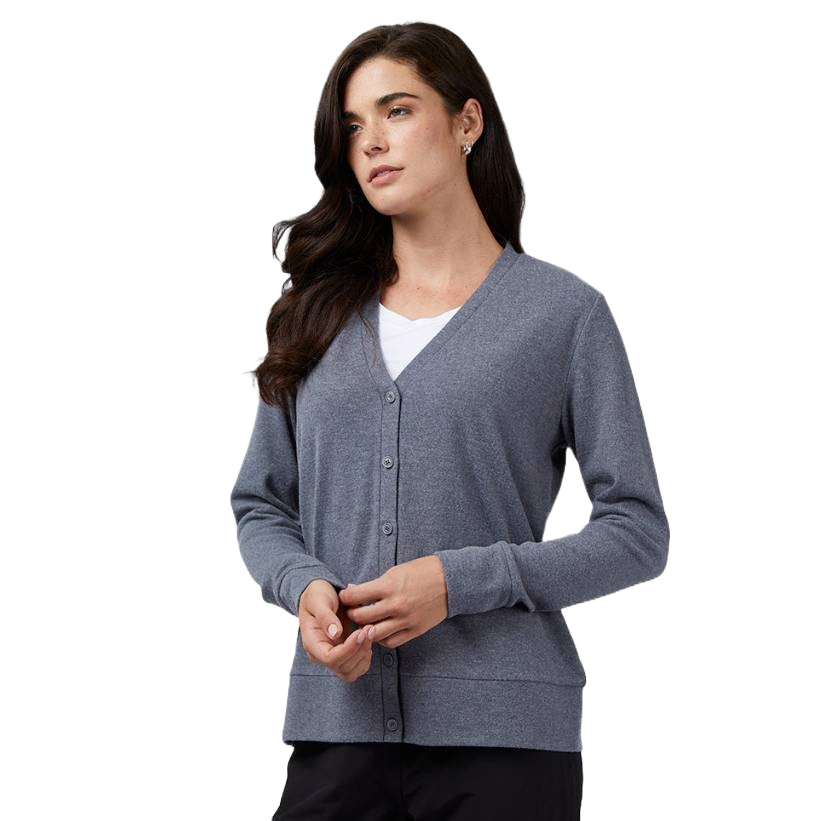 A woman is wearing a gray V-neck cardigan with long sleeves and button closures, layered over a white top. The cardigan has a simple, casual style.