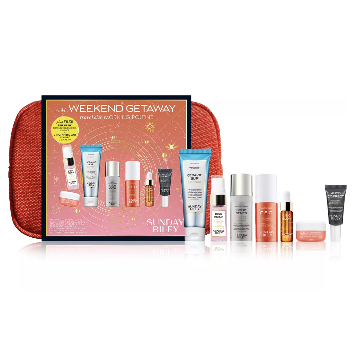 A.M. Weekend Getaway by Sunday Riley includes travel-size skincare items: Ceramic Slip Cleanser, Pink Drink Essence, Good Genes Serum, C.E.O. Vitamin C Serum and Gel Cream, C.E.O. Glow Oil, and Auto Correct Eye Cream.