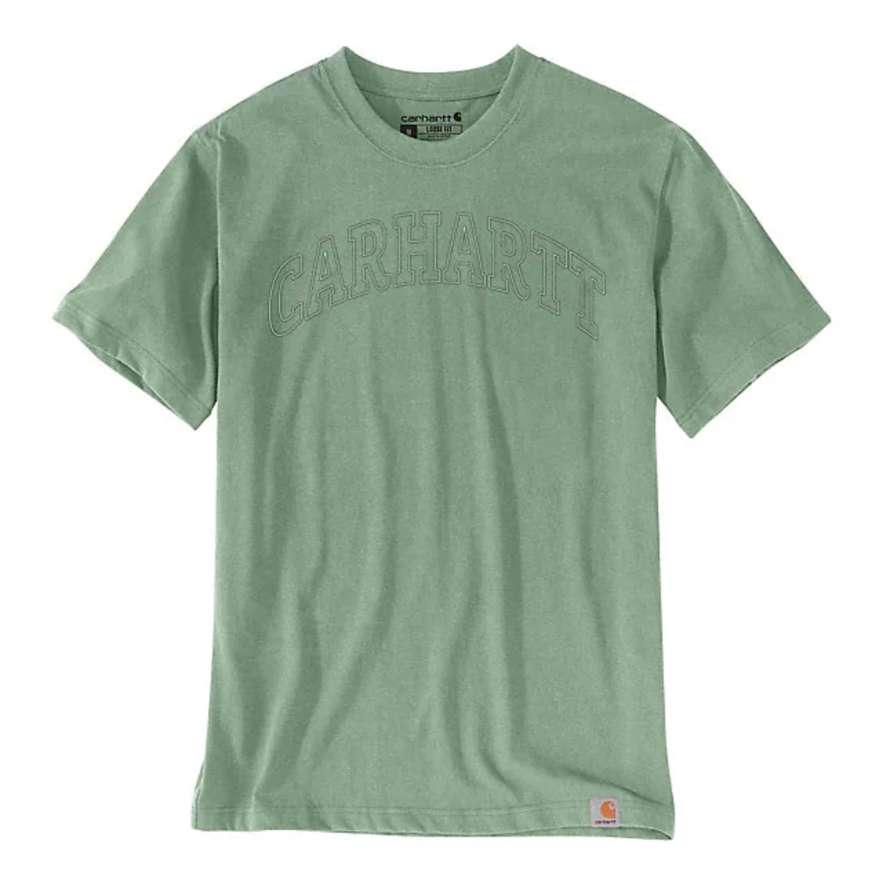 Green Carhartt short-sleeved T-shirt with the brand's name in large textured print across the chest.