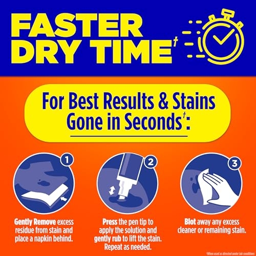 Instructions for stain removal with a pen: 1. Gently remove residue with a napkin. 2. Press the pen tip to apply solution and rub gently. Repeat as needed. 3. Blot away excess cleaner or remaining stain.