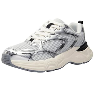 Women's platform sneakers with a chunky sole, mesh upper, and metallic silver accents. The design includes white laces and a cushioned interior for comfort.