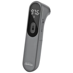 A gray handheld infrared no-touch thermometer with a digital display on the back, showing a temperature reading, and buttons for operation.