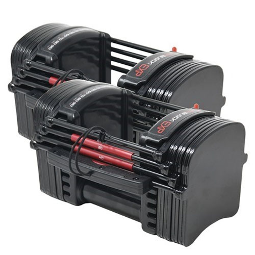 Adjustable dumbbells with a sleek black design and red accents, possibly a Bowflex or similar brand, featuring a layered weight system for easy weight selection.