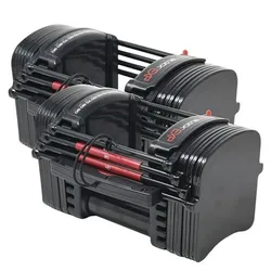 Adjustable dumbbells with a sleek black design and red accents, possibly a Bowflex or similar brand, featuring a layered weight system for easy weight selection.