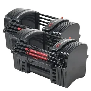Adjustable dumbbells with a sleek black design and red accents, possibly a Bowflex or similar brand, featuring a layered weight system for easy weight selection.